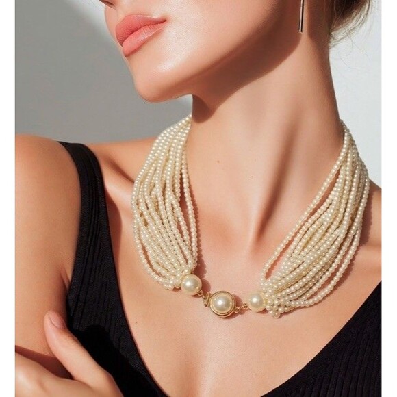 Unbranded Jewelry - Vintage 10-Strand Faux Pearl Necklace with Patented Gold-Tone Clasp